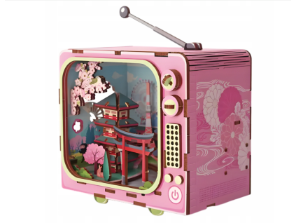 3D Pod horou Fudži v retro TV - dřevěné puzzle 129 dílků - se světlem