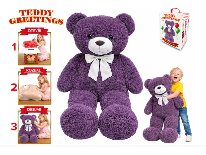 Medvěd plyšový fialový 120cm s mašlí v dárkové krabici Teddy Greetings
