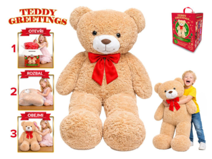 Medvěd plyšový béžový 120cm s mašlí v dárkové krabici Teddy Greetings
