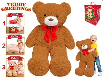 Medvěd plyšový okrový 120cm s mašlí v dárkové krabici Teddy Greetings