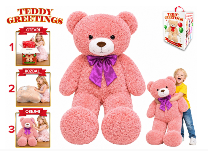 Medvěd plyšový růžový 120cm s mašlí v dárkové krabici Teddy Greetings